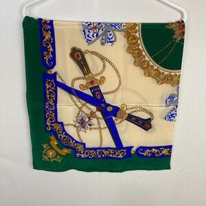 Equestrian Royal Carriage Maximalism 100% Silk Scarf Green Gold Made in Korea